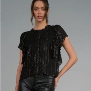 ELAN Short Flutter Sleeve Top In Black With Silver Stripe
